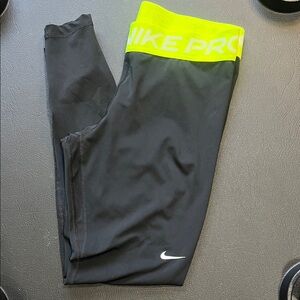 Nike Pro Leggings Black with Neon Yellow Waistband Size large